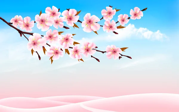 Spring Nature Background Cherry Branch Blue Sky Clouds Vector — Stock Vector