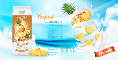 Meyve Yoğurtlu taze ananas kutusunda. Reklam tasarım şablonu. Vektör