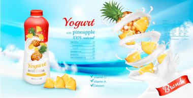 Ananas şişe ile beyaz yoğurt. Reklam tasarım şablonu. Vektör