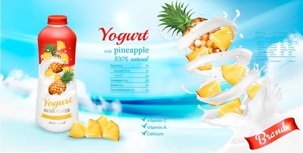 Iogurte Branco Com Abacaxi Garrafa Modelo Design Publicidade Vetor — Vetor de Stock