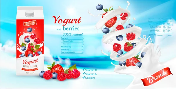 Witte Yoghurt Met Verse Bessen Vak Ontwerpsjabloon Van Advertentie Vector — Stockvector