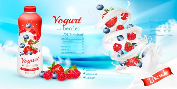 Yogurt Putih Dengan Buah Berry Segar Botol Templat Desain Advertisment - Stok Vektor