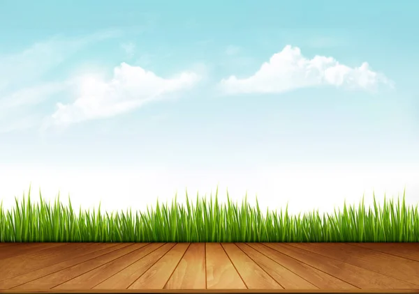 緑の芝生と木製デッキ 自然春の背景 ベクトル — ストックベクタ