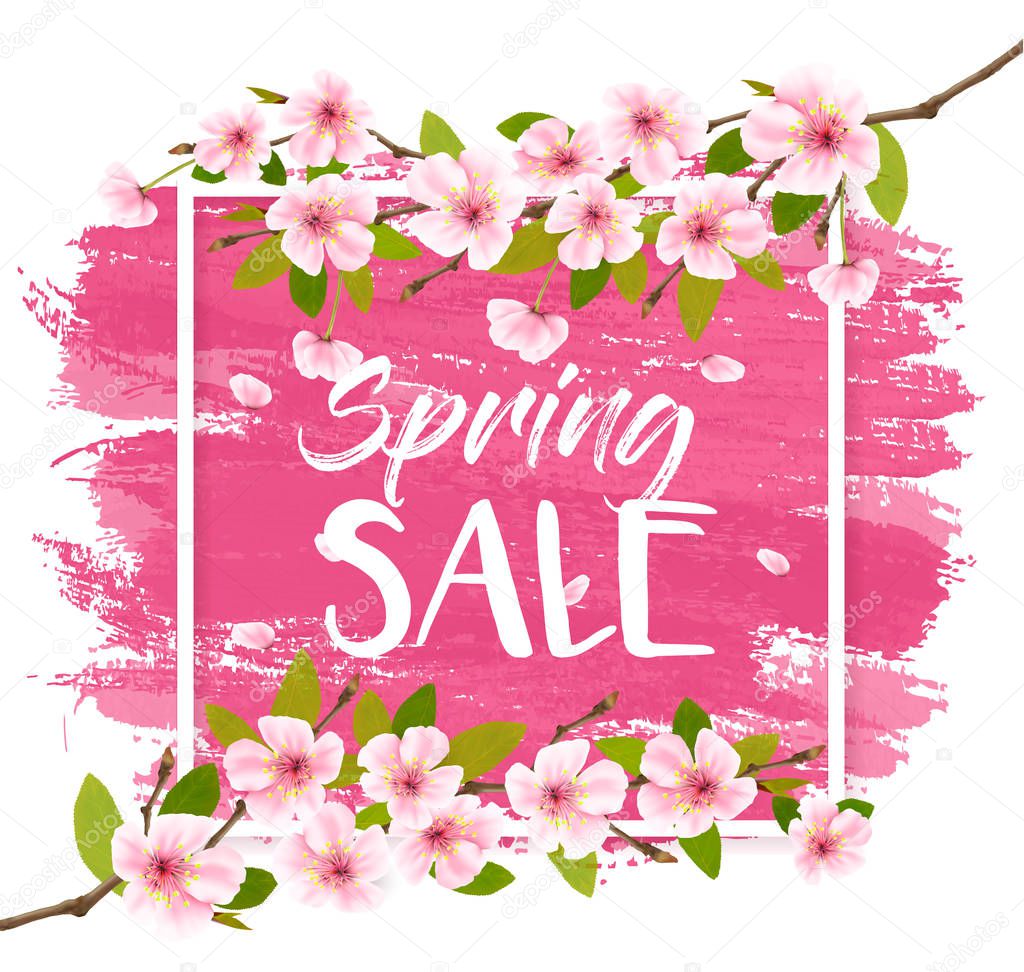 Spring sale background with pink blooming sakura. Vector