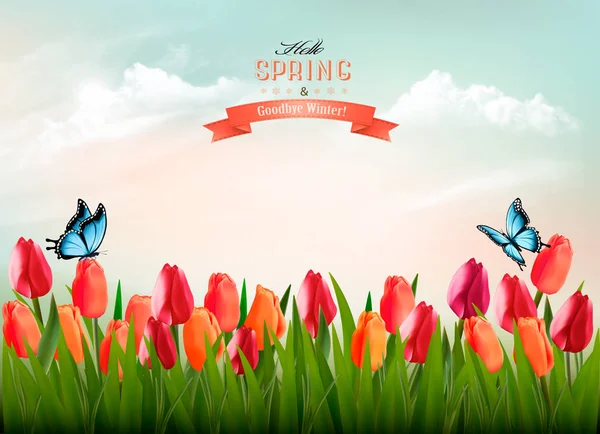 Spring nature background with colorful flowers and a butterfly. — Stock Vector