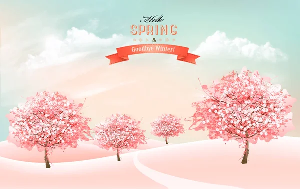 Spring nature background with blossom cherry trees and sky with — Stock Vector
