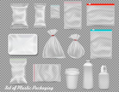 Big set of polypropylene plastic packaging - sacks, tray, cup on clipart