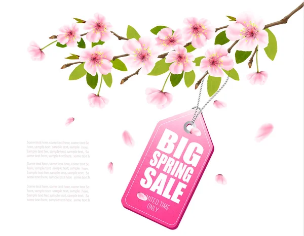Lente verkoop achtergrond met een roze bloeiende sakura en korting — Stockvector