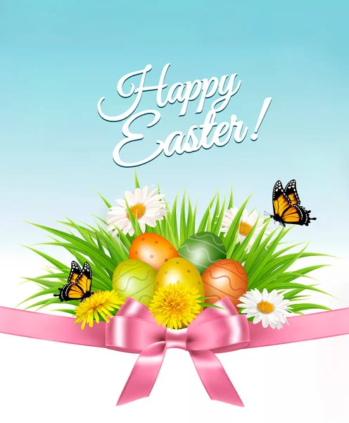 复活节快乐的背景 绿草和鲜花中的复活节彩蛋 — 图库矢量图片