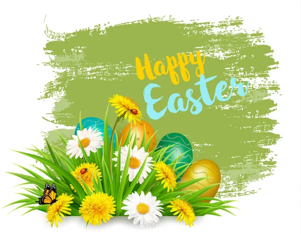 Pasqua Sfondo vacanza con uova di colofrul in erba verde e — Vettoriale Stock