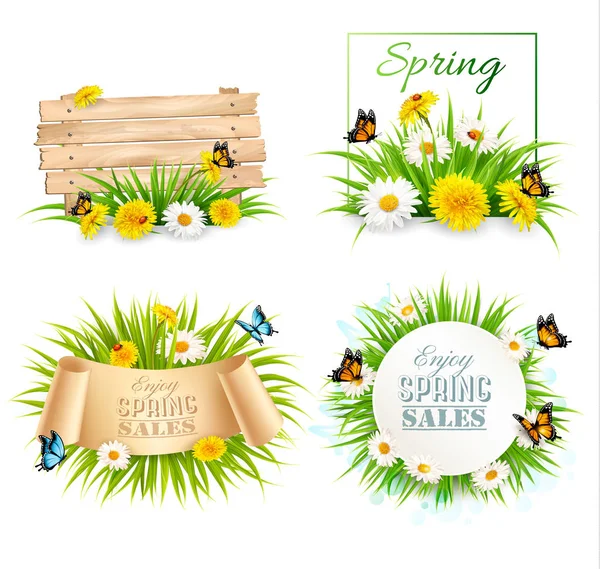 Set of spring sale banners with flowers and cards. Vector. — Stock Vector