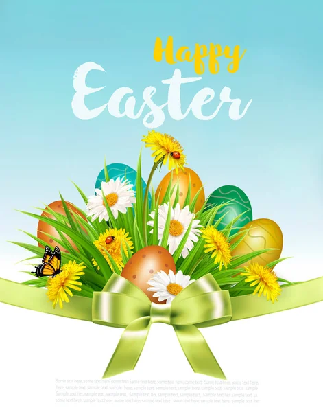 Fondo de vacaciones de Pascua con huevos de colofrul en hierba verde y — Archivo Imágenes Vectoriales