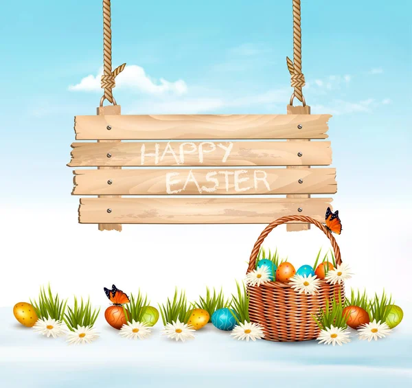 Fondo de vacaciones de Pascua con huevos de colofrul en hierba verde y — Vector de stock