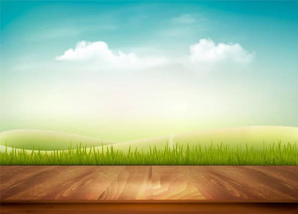 Fondo de la naturaleza con cubierta de madera delante de hierba verde y b — Vector de stock