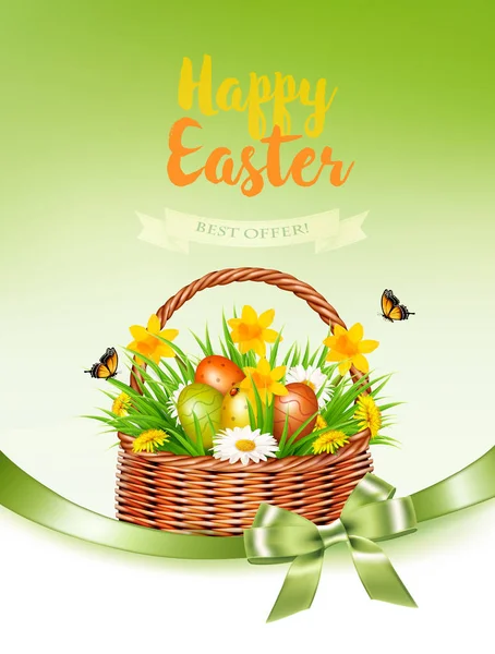 Páscoa de férias recebendo cartão com ovos coloridos e fluxo de primavera — Vetor de Stock