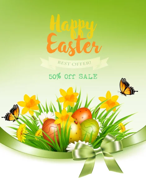 Holiday easter background with a colorful eggs and spring flower