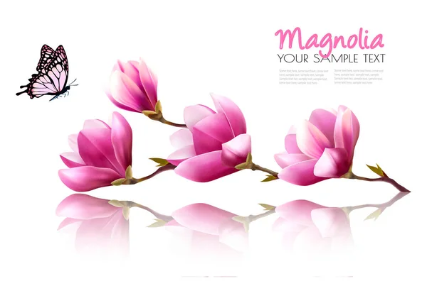 Natur Hintergrund mit rosa Magnolie und Schmetterling. Vektor. — Stockvektor
