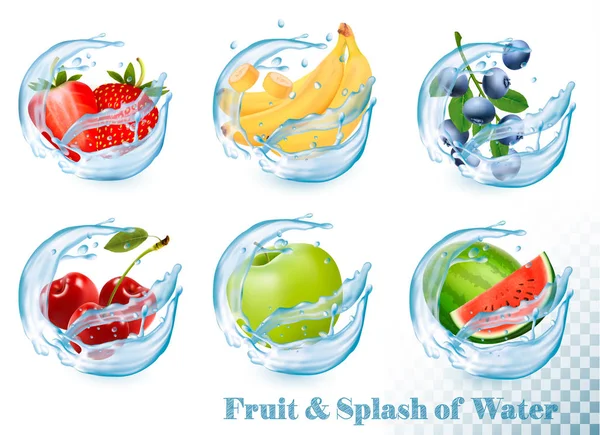 Grote Collectie Van Fruit Een Water Splash Iconen Appel Banaan — Stockvector