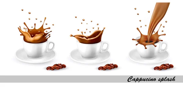 Набор кофе и капучино всплеск в чашку. Векторная иллюстрация . — стоковый вектор