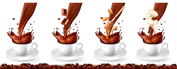 Set van koffie met verschillende smaken en splash in kopjes. Cacao — Stockvector