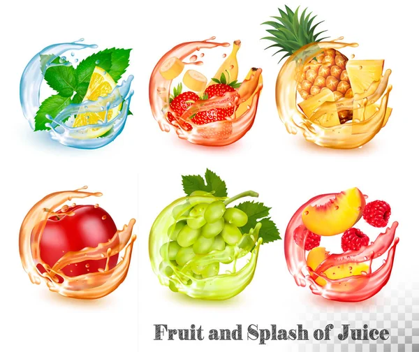 Set of mint and fruit in a water and juice splash. Mint and lemo — Stock Vector