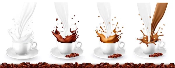 Set van koffie, cappuccino en melk plons in kopjes. Vector illust — Stockvector