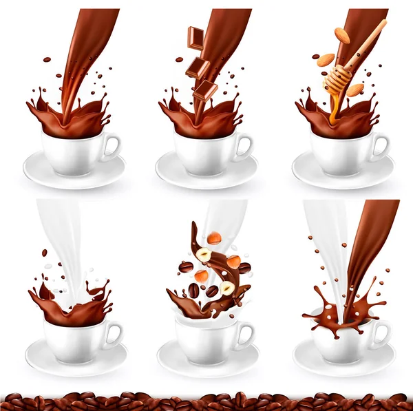 Set van koffie en cappucino met verschillende smaken en splash in — Stockvector