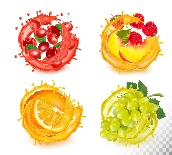 Conjunto de salpicaduras de jugo de fruta. Rawberry, naranja, uvas, melocotón, ras — Archivo Imágenes Vectoriales
