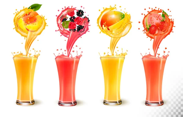 Fruchtsaft in einem Glas spritzen. Erdbeere, Pfirsich, Himbeere — Stockvektor