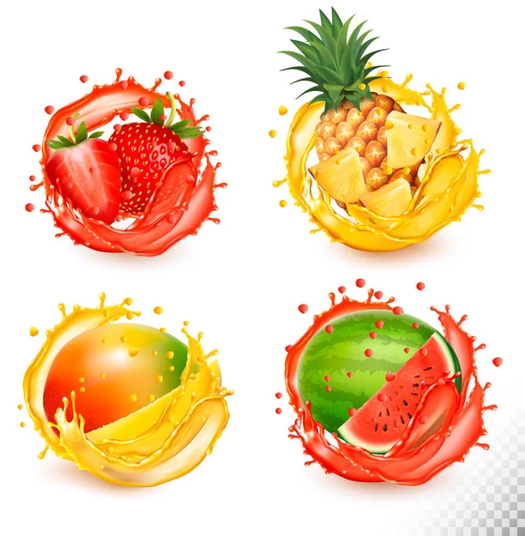 フルーツジューススプラッシュのセット。イチゴ、パイナップル、スイカ、ママ — ストックベクタ