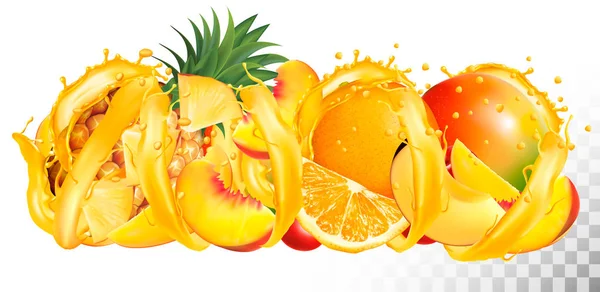 Früchte in Saftspritzern. Ananas, Mango, Orange, Pflaume, — Stockvektor