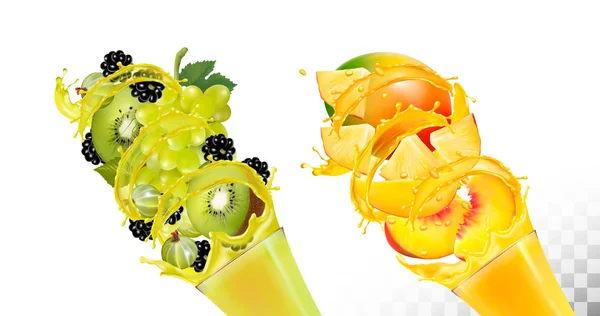 Jogo de suco de fruto espirram em copos. .. Uvas, kiwi, amora — Vetor de Stock