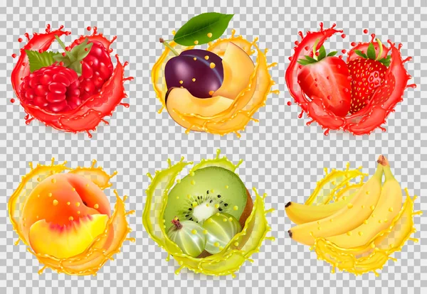 Set van fruitsap splash. Framboos, pruim, aardbei, banaan, — Stockvector