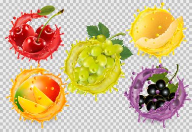 Meyve suyu sıçraması meyve seti. Üzüm, kiraz, mango, honeydew, b