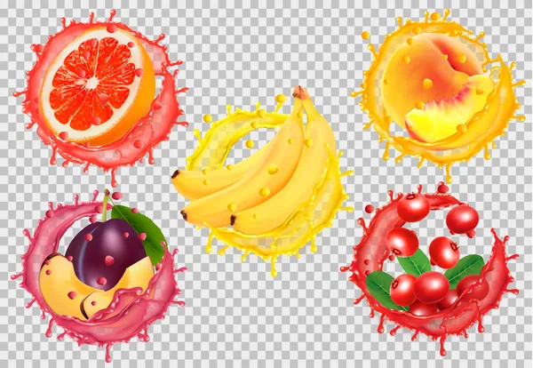 フルーツジューススプラッシュのセット。グレープフルーツ、桃、バナナ、プラム、カウブ — ストックベクタ