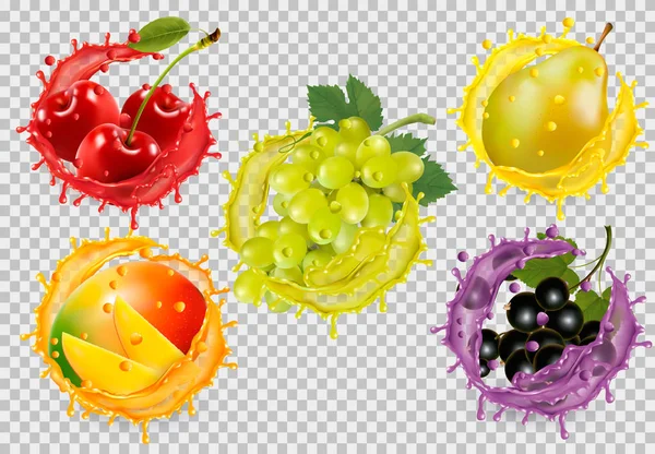 Set de fruta en jugo salpicado sobre fondo transparente. Cereza , — Archivo Imágenes Vectoriales