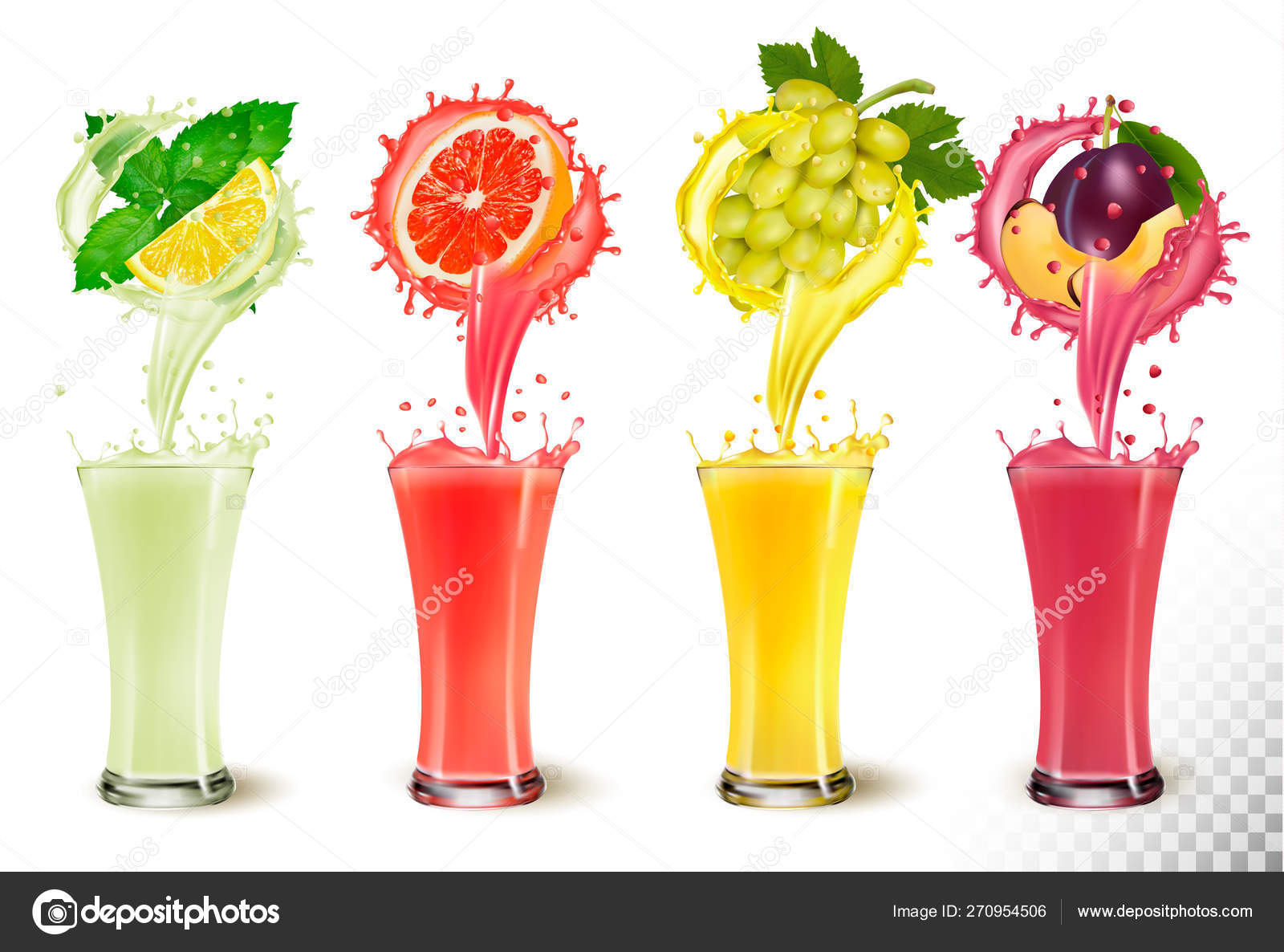 Set of fruit juice splash in a glasses. Mint and lemon, grapefru Stock