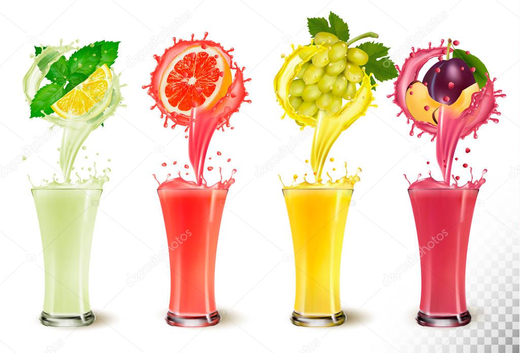 Set of fruit juice splash in a glasses. Mint and lemon, grapefru