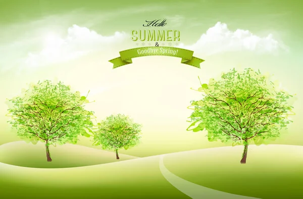 Summer Nature Background Green Trees White Clouds Vector — Stock Vector
