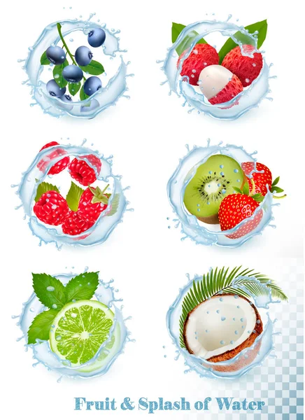 Set of different water splashes with fruit and berries. Blueberr — Stock Vector