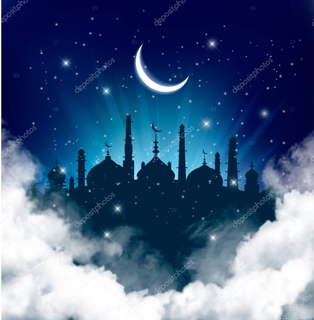 Islamic greeting Eid Mubarak card for Muslim Holidays. Vector il