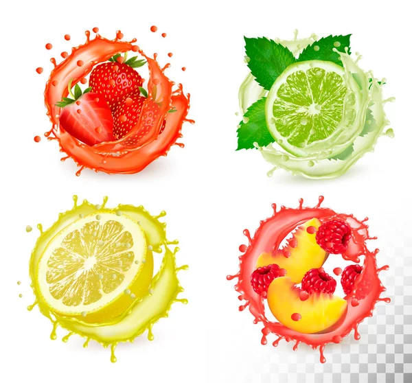 Set de fruits en éclaboussures de jus. Fraise, menthe, citron vert, framboise, pêche, pamplemousse et framboise. Vecteur — Image vectorielle