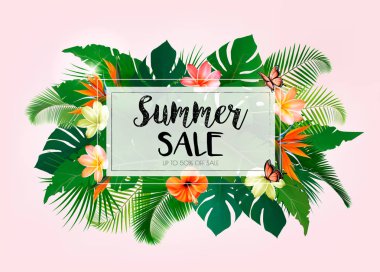 Egzotik Yapraklar Ve Coloful Çiçek ile Sıcak Yaz Satış Arka Plan