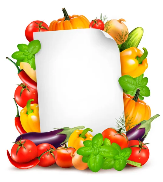 Verduras frescas e ingredientes alimentarios y hoja de papel blanco. Rec. — Vector de stock