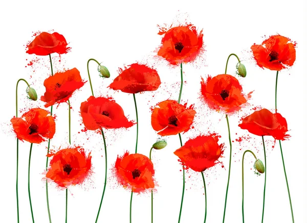赤いロマンチックな咲くポピーと抽象的な美しい背景 — ストックベクタ