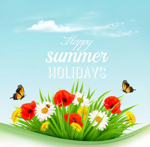 Summer holiday background with a green grass and flowers and but — Stock Vector