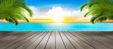 Tatil arka plan. Palmiye ağaçları ve mavi deniz ile plaj. Vektör.