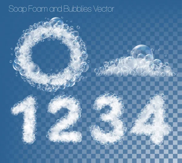 Conjunto de números y figuras hechas de espuma de jabón y burbujas en — Vector de stock