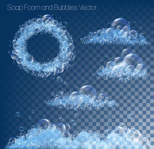 Grande collection avec mousse de savon et bulles sur fond transparent — Image vectorielle