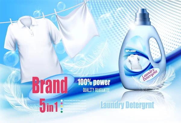 Anuncio de detergente de lavandería. Ropa blanca colgando de una cuerda y plástico — Vector de stock